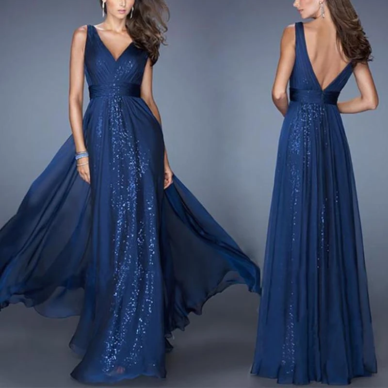 Элегантные темно-синие вечерние платья V образным вырезом трапециевидной формы из шифона длиной до пола для официальных вечеринок женское длинное платье для выпускного вечера с блестками
