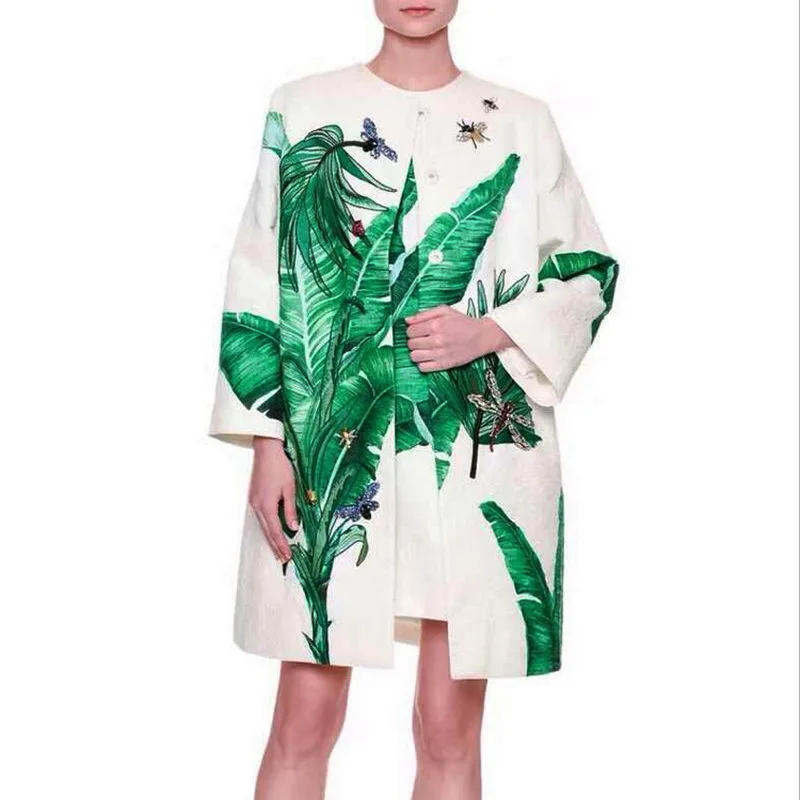 

Banana Green Leaves Printed Beaded Dragonfly Cocoon Women's Trench 0801MM01