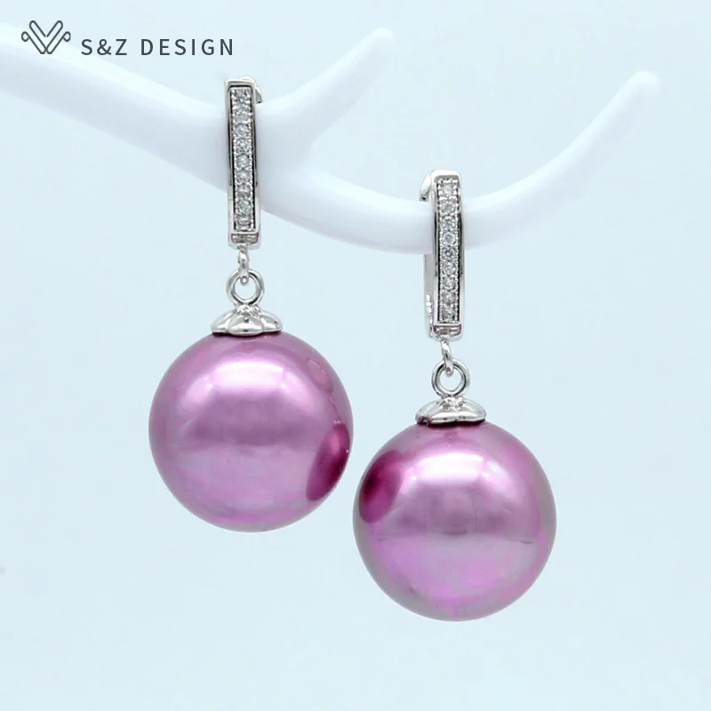 

S&Z 2019 New Colorful Imitation Big Round Pearl Natural Zircon Drop Earrings White Gold For Women Wedding Party Fashion Jewelry