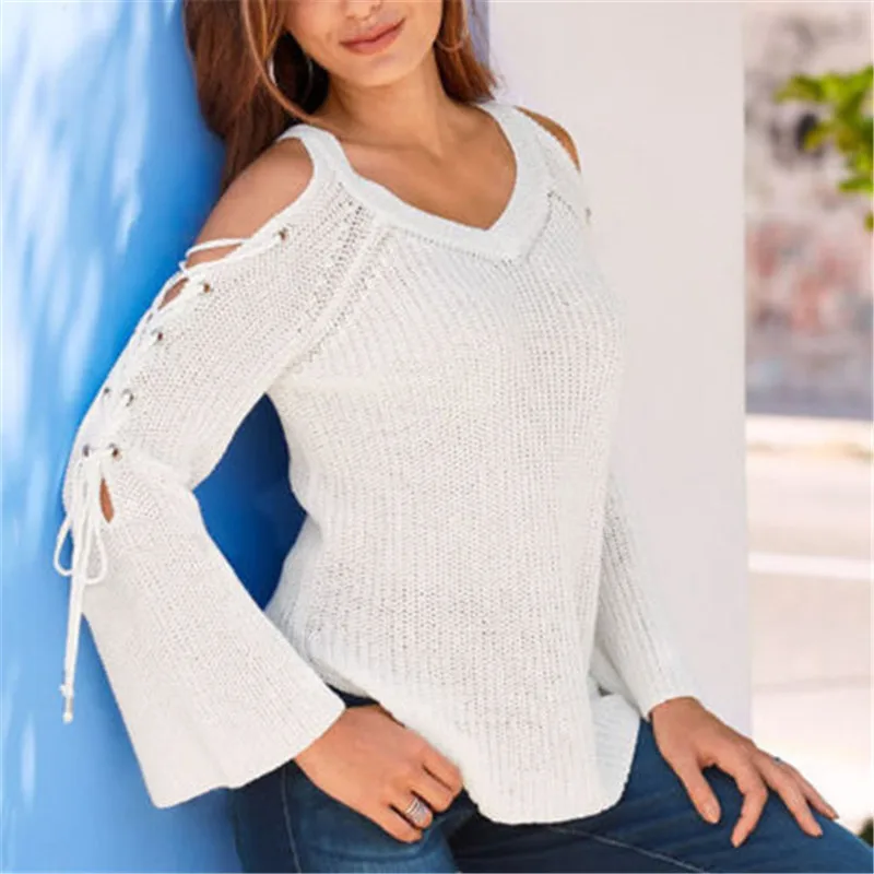 Women Plain Knitted Loose Blouse White/Black Hollow Out Bandge V neck Frill Pullover Jumper Top