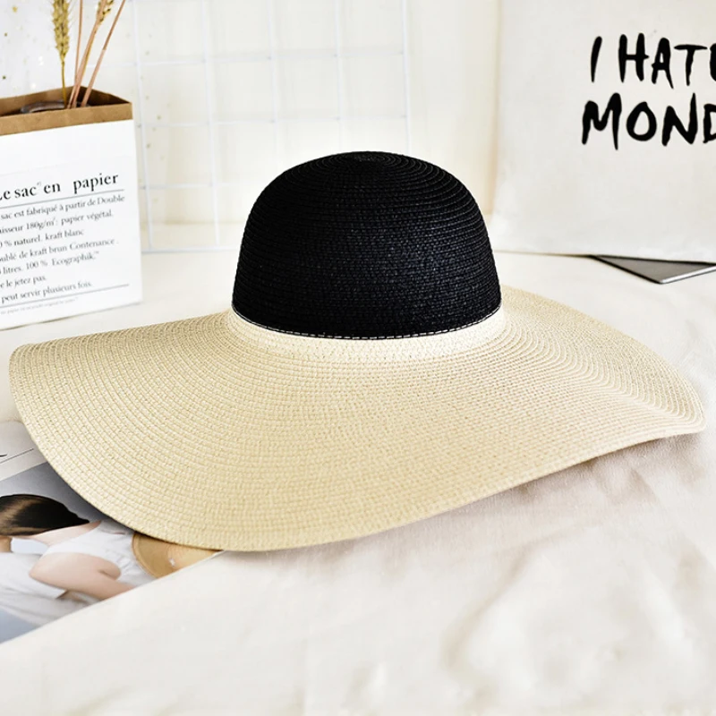 HT2452 женская соломенная шляпа 2 тонов Лоскутная широкая шляпа Дамы большой край упаковывается пляж женский головной Убор От Солнца Floppy летняя шляпа для женщин