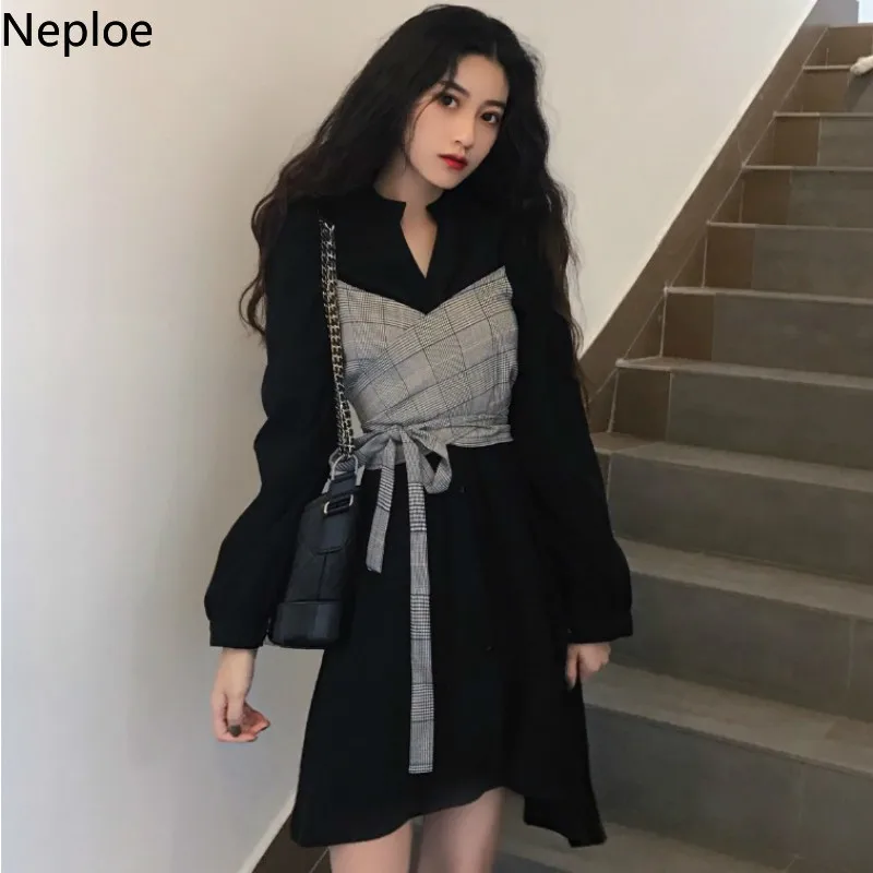 

Neploe 2019 Summer Dress For Women Fashion Plaid Patchwork Shirt Dress Lace Up Dresses Female Tunic Fake 2 Pieces Vestidos 38859