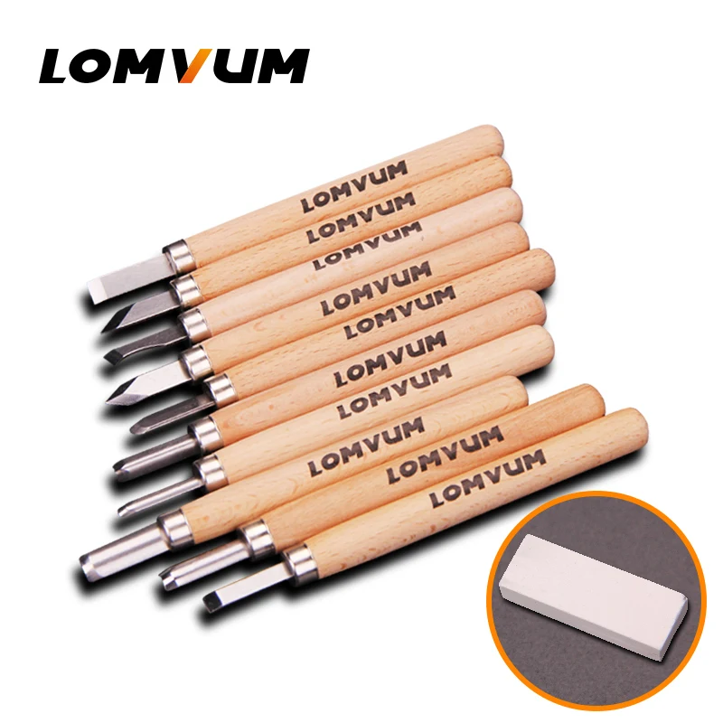LOMVUM 12pcs Woodcut Knife Wood Carving Tools Woodworking Hand Tool Set Hobby Arts Crafts Knife DIY Rubber Stamp Cutter