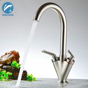 

Brushed Nickel Kitchen Faucet Brass Material Double Handle Cold and Hot Kitchen Sink Tap 360 Swivel Spout Kitchen Crane Mixer