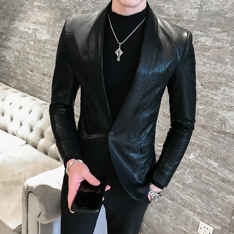 Korean Suit Coat Solid Black Slim Fit Blazer Hombre PU Leather Jacket Men One Button Business Casual Prom Blazers For Men