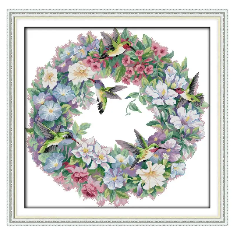 

Flower Wreath Birds DIY Handmade Needlework Counted 14CT Printed Cross Stitch Embroidery Kit Set Home Decoration