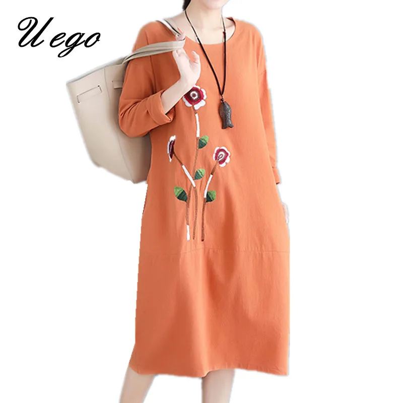

Uego Fashion Embroidery Spring Dress Cotton Linen Long Sleeve Women Casual Midi Dress 2019 New Arrival Lady Party Dress Vestidos