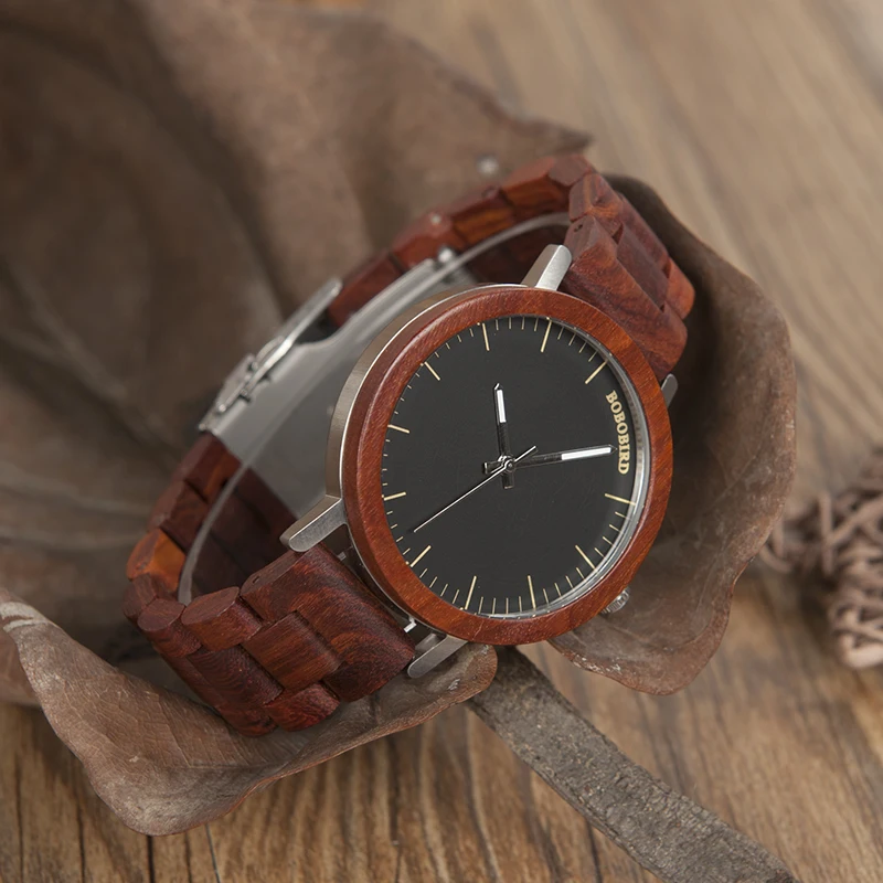 BOBO BIRD Red Wooden Band Watches Men Natural Handmade Japan Movement Quartz Wood Wristwatches relogio masculino C-M16