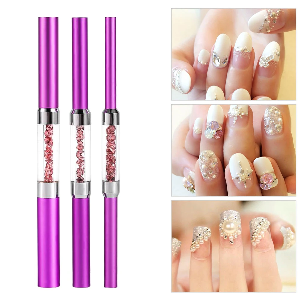 3 шт./лот, двухсторонние C кривые стразы, металлическая трубка, разные размеры, акриловые кончики для дизайна ногтей, французский стержень, палочка, инструменты для маникюра