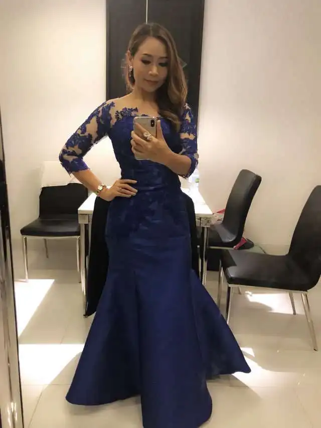 Beautiful Lace Evening Dresses Long royal blue Mermaid Prom gown Vestido de Festa Floor length Muslim formal Party Dresses 2019