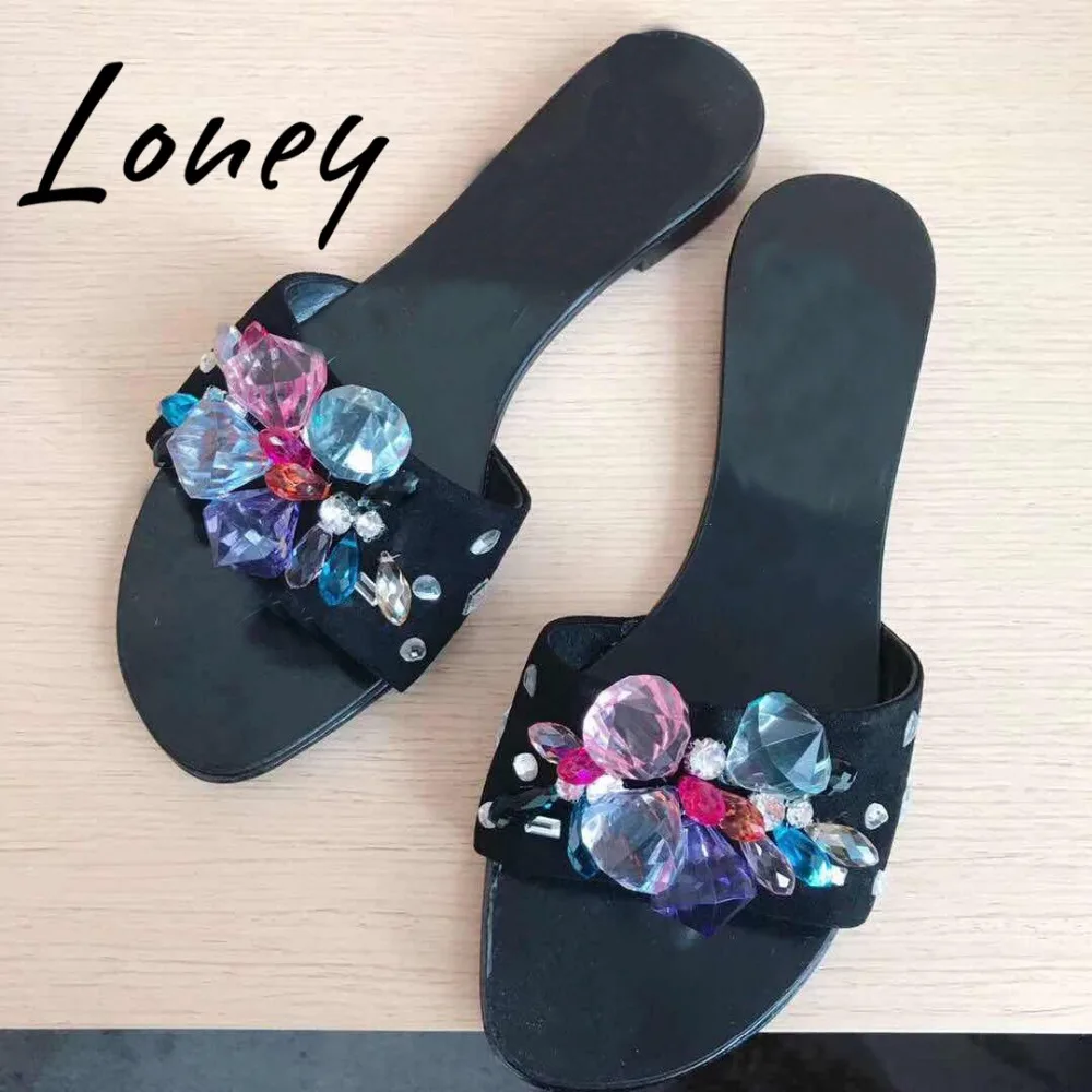 

Loney New Brand Designer Genuine Leather Slip On Summer Slippers Hot Ladies Crystal Floral Flats Slippers Shoes Women