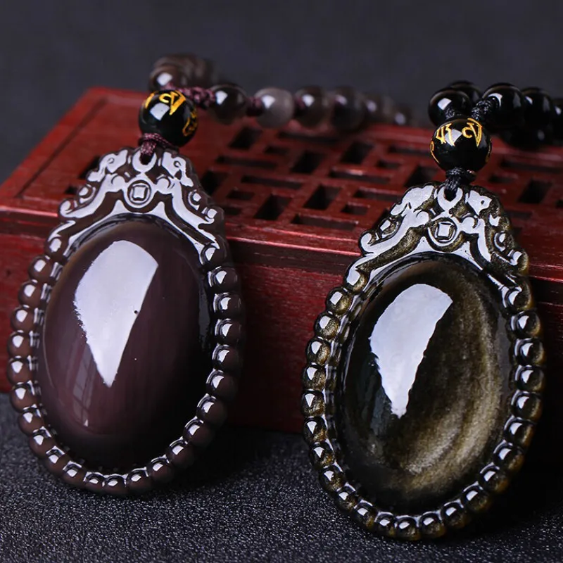 

Hot Sell Women's Pendant Necklace Natural Ice Colorful Golden Obsidian Stone Heart of the Sea Pendant Gift For Female's Jewelry