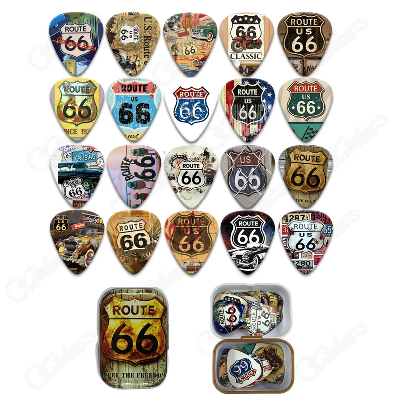 

New arrival 20pcs different image route 66 medium gauge 0.71mm matte printing guitar pick plectrum