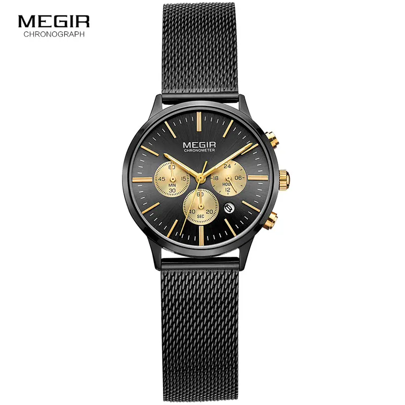 Люксовые часы от бренда MEGIR, Для женщин хронограф Сталь кварцевые часы модные Водонепроницаемый световой 24-часовой аналоговые наручные часы для женщин леди 2011L-1N3