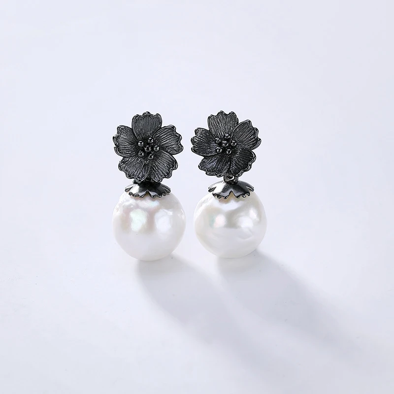 

INALIS Noble Luxurious Drop Earrings 925 Sterling Silver Black Rhodium Plated Flower with Natural Pearl Dangle Brincos Women