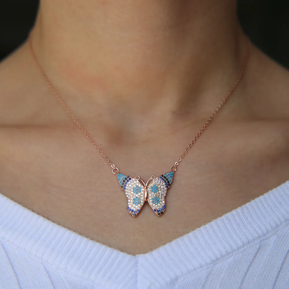

100% 925 sterling silver mix color colorful beautiful butterfly charm pendant yellow blue white summer cute silver necklace