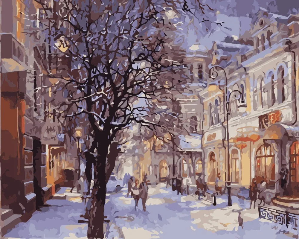 FramedAColdWinterCityNightOilPaintingDIYPaintbyNumbers