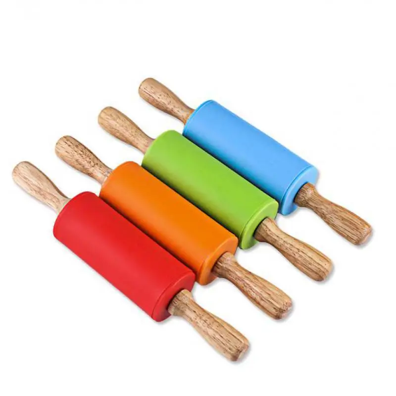 Non stick Silicone Rolling Pin Wood Grip Fondant Pastry Dough Roller