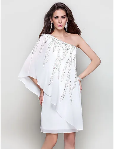 White Formal Party font b Dress b font Short One Shoulder Chiffon Heavy Beaded font b