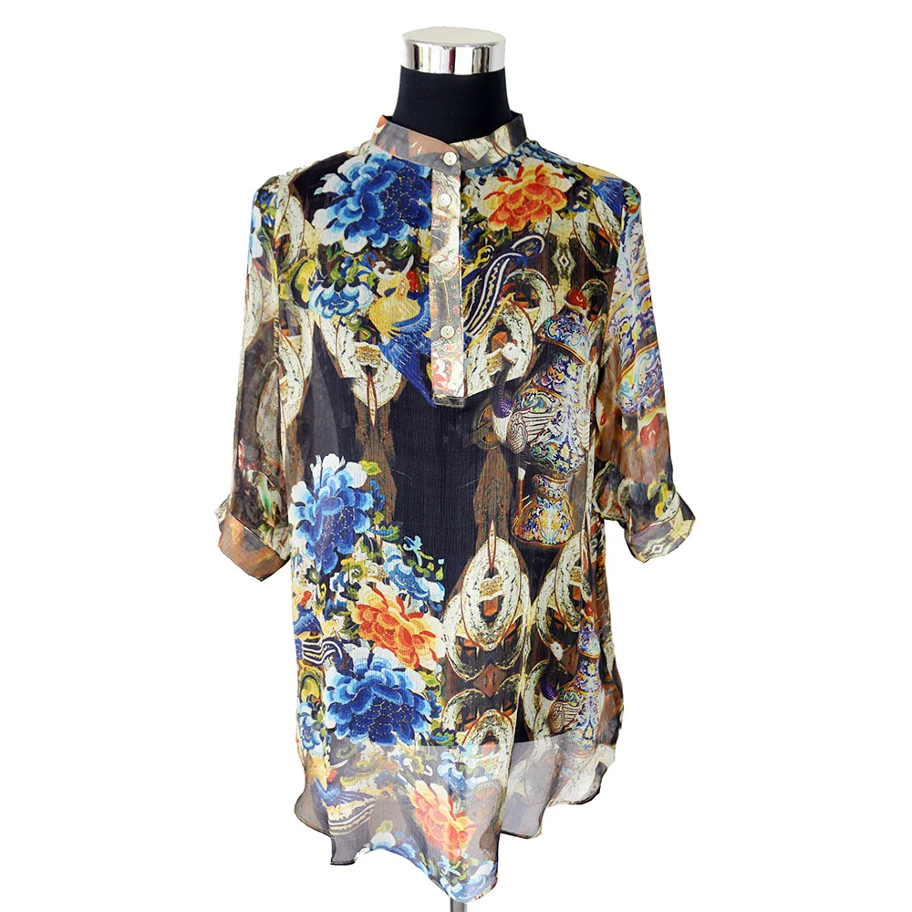 100% Silk Crinkle Chiffon Long Shirt Natural Pure Silk Fabric Women ...