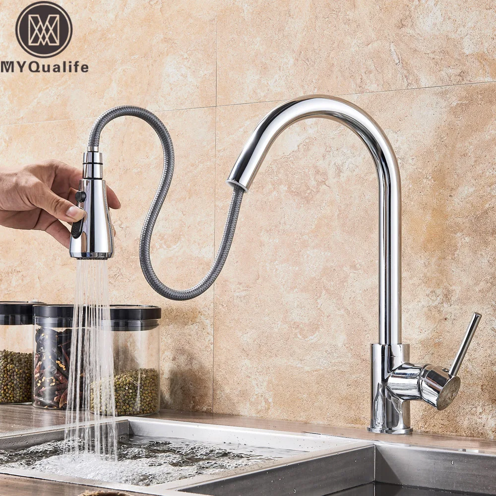 

Silver Kitchen Faucets Chrome Pull Out Kitchen Tap Single Handle Swivel 360 Degree Water Mixer Tap Mixer Tap Stream Shower Head