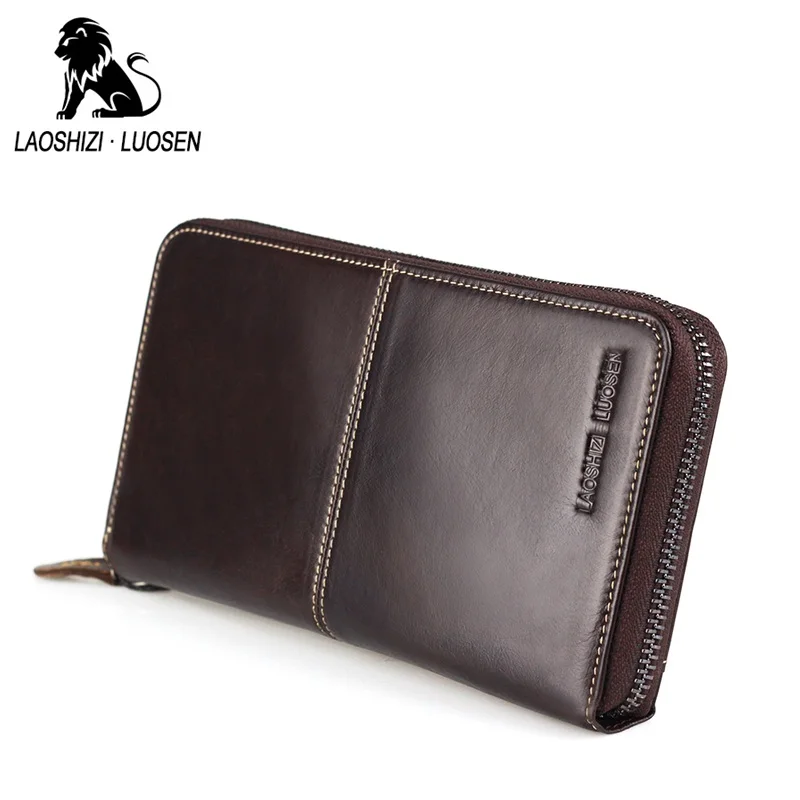 

LAOSHIZI LUOSEN Genuine Leather Men RFID Credit Card Wallet Vintage Cowhide Long Zipper Business Card Holder Purse Card Case
