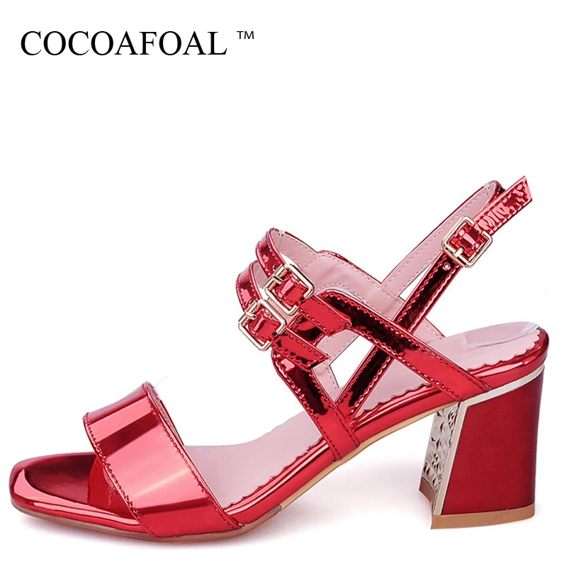 

COCOAFOAL Woamn Silvery Heel Height Sandals Plus Size 33 - 43 Fashion Red Blue Pink Wedding Shoes Sexy Patent Leather Sandals