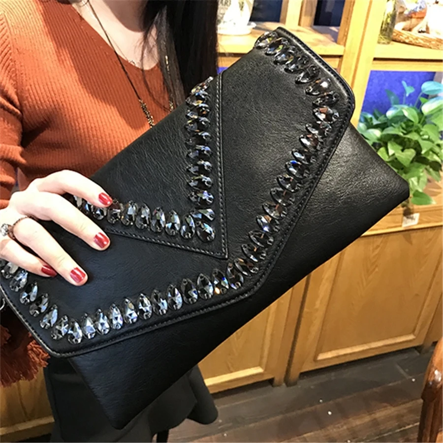 

Diamond Fashion Clutch Wallet Black Color PU Leather Zipper Hasp Purse Women Party Shoulder Messenger Crossbody Bags Modern Bag