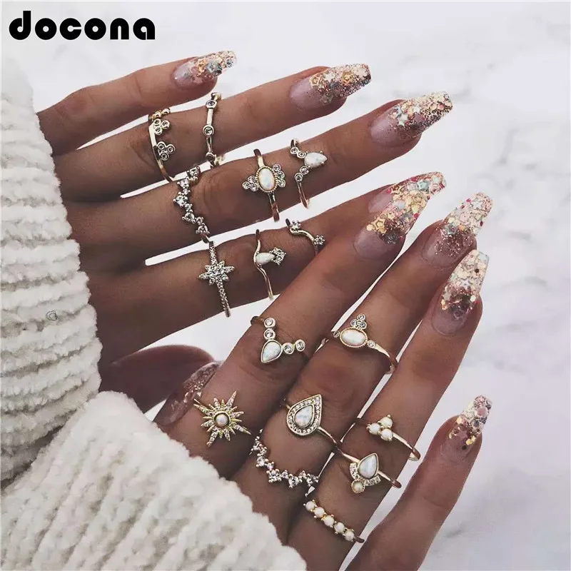 

Docona Retro Inaly Crystal Rhinestone Star Drop Triangle Knuckle Midi Ring Set For Women Punk Charm Geometry Gold Color Ring7021