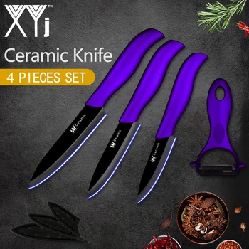 

XYj Kitchen Ceramic Knife Set Tool 3" 4" 5" inch + Gift Peeler Black Blade Red Purple Blue Handle Knives Cooking Accessories