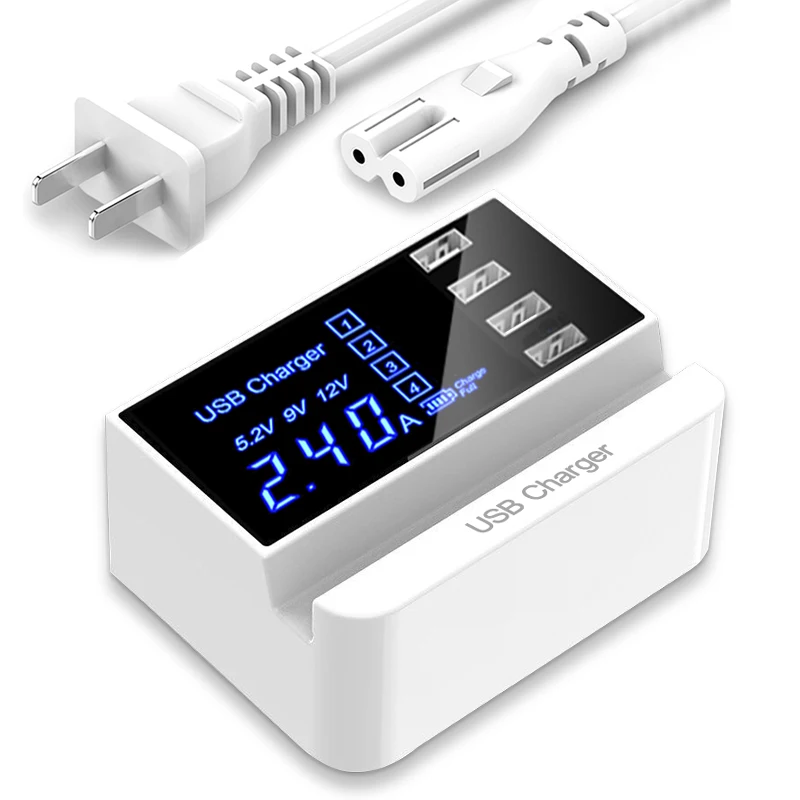 

4 USB Quick Charging HUB Adapter Station LCD Display Smart Phone Charger For iPhone Samsung S10 EU UK USB Charger Stand Holder