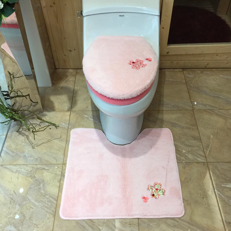 Pink Flower Bathroom Toilet Set Cover WC Seat Cover Bath Mat Warm