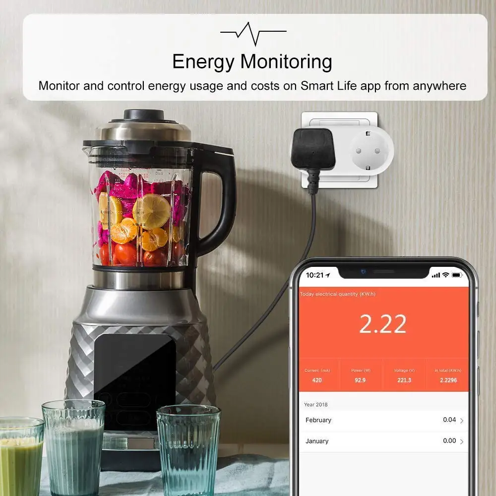 Wi-Fi умная розетка, двойная розетка ЕС 16А, розетка, мониторинг энергии, таймер, переключатель голосового управления, совместимый с Alexa Google iFTTT Smart life