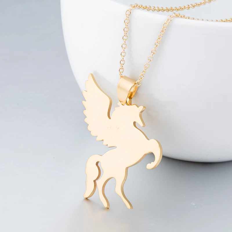 Jisensp New Women Jewelry Vintage Silver Cool Horse with Wing Pendant Long Necklace Men Gift Animal Unicorn Necklace Collares