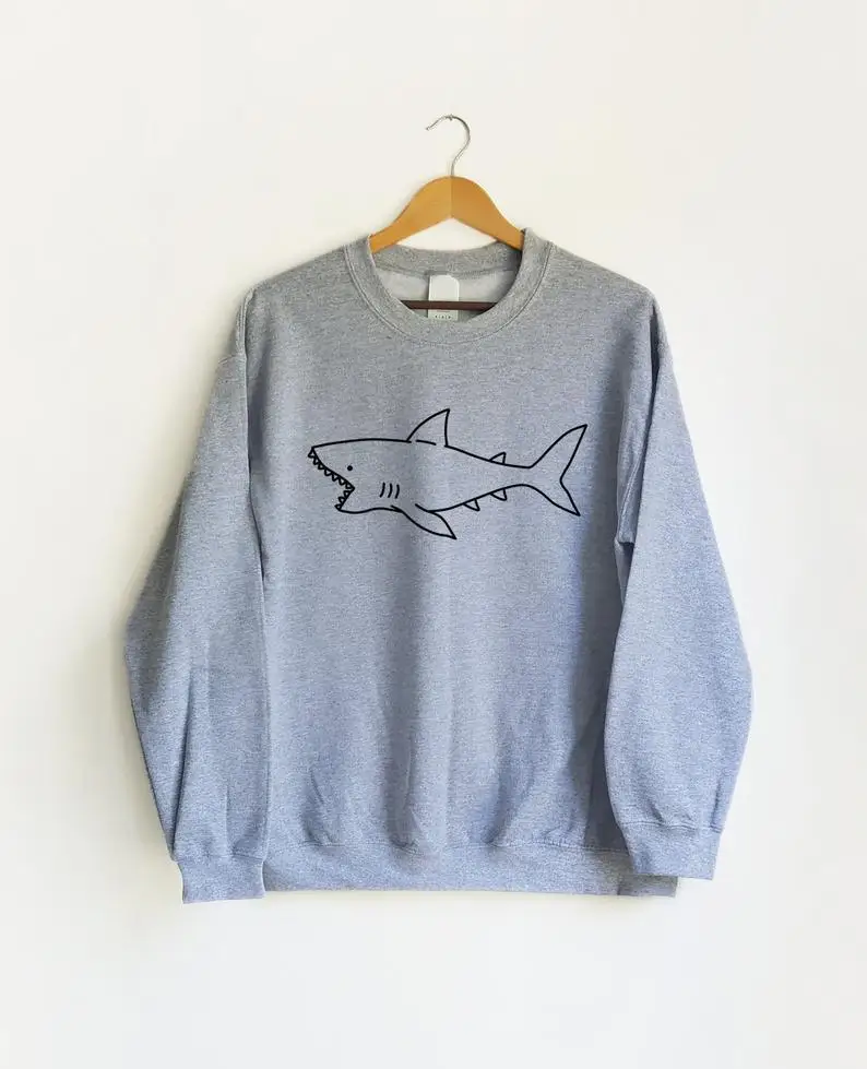 Skuggnas New Arrival Cute Shark Sweatshirt Pullover Cute Graphic Tee Hipster Art Fashion Jumper Unisex Grey Shark Sweatshirt