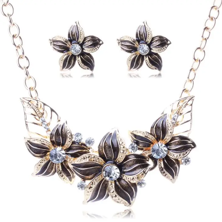 Jewelry Sets Austrian Crystal Enamel Flower Jewelry Sets for Women African Costume Jewelry Maxi Necklace Earring Set XY-N404