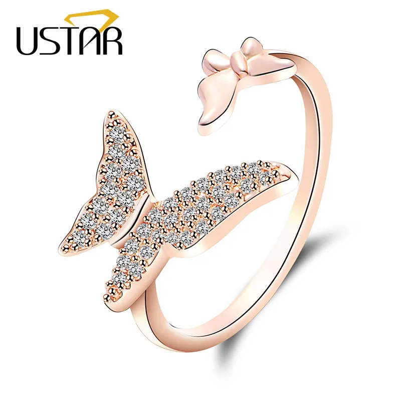 USTAR кристаллы бабочка свадебные кольца для женщин AAA циркон палец женские кольца для помолвки ювелирные изделия открытие регулируемый размер