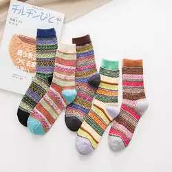 1 пара зимних носков в этническом стиле для девочек, с геометрическим узором, контрастного цвета, утепленные женские теплые милые носки для