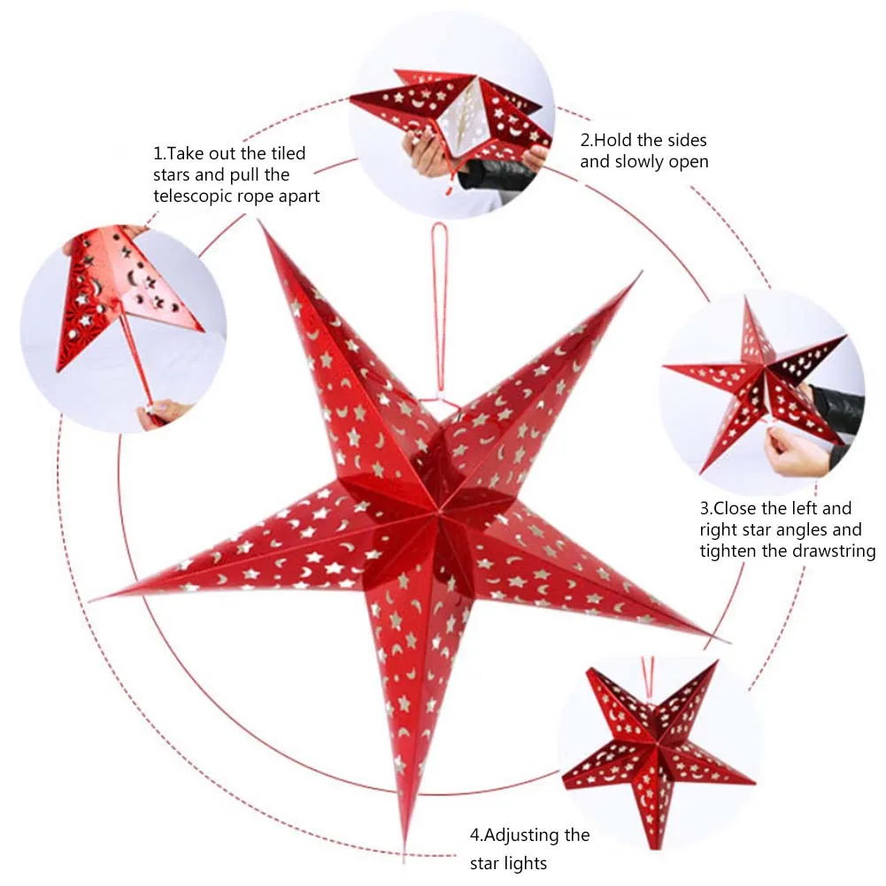 30/45/60cm Diameter Five Star Paper Star Decoration Tissue Paper Star Lantern Hanging Stars For Festival Christmas Party Decor