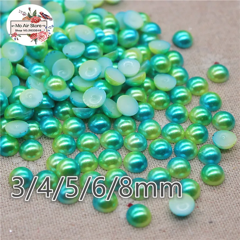 3/4/5/6/8Mm Verde Duotone Mezzo Tondo Perle Perline Abs Resina Flatback Cabochon Perline Simulate Perline Fai Da Te