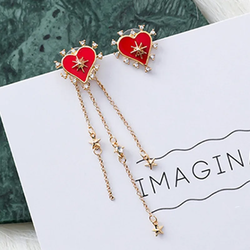 

New Asymmetric Korean Star Love Heart Long Tassel Drop Dangle Earrings for Women Luxury Crystal Earring Fashion Jewelry 6C3018