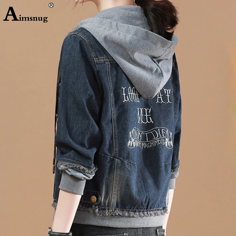 

2019 Autumn Hooded Denim Jacket For Women Casual BF Jeans Jacket Holes Vintage Harajuku Coat Female loose Streetwear Basic Coats