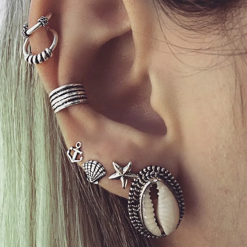 Vintage Boho Anchor Stud Earring Sets Women Jewelry Silver Punk Turkish Circle Earings Ear Cuff