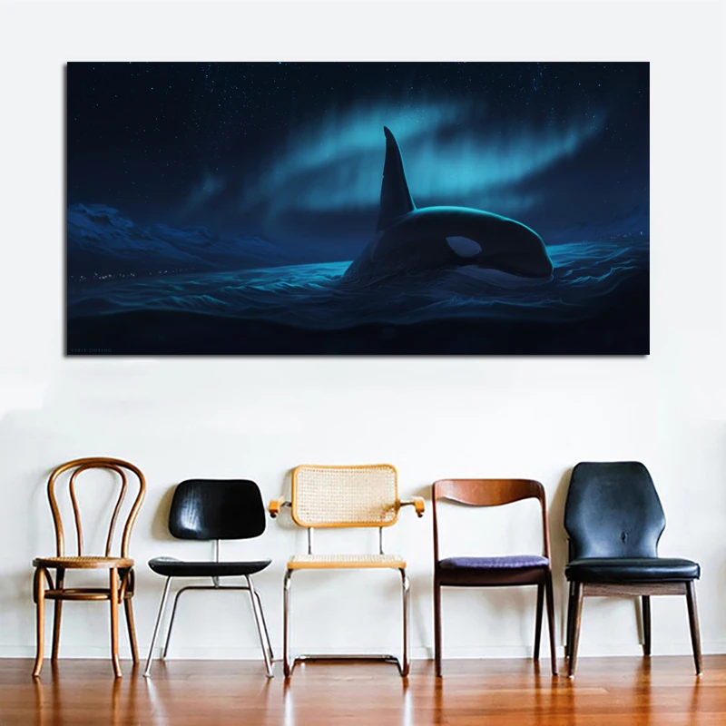 

Big Size Northern Lights Landscape Painting Whale In The Sea Wall Art Pictures For Living Room Canvas Print Posters Unframed