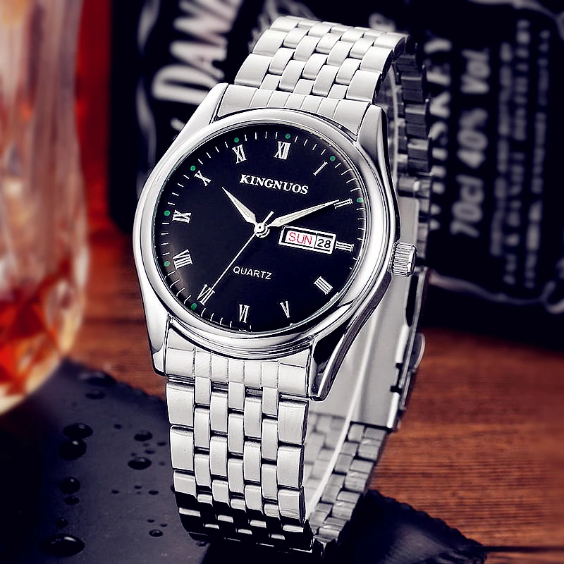 

Men's Quartz Watch Top Brand Luxury Famous Stainless Steel Wrist Watches English Calendar Clock Silver Male Roman Time for Men