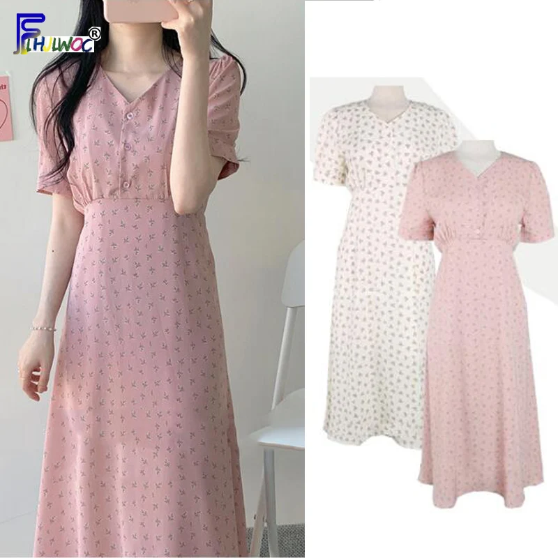 Летние шифоновые платья для женщин с цветочным принтом для праздников и свиданий, милая одежда в корейском японском стиле, дизайнерское ТРАПЕЦИЕВИДНОЕ платье-рубашка с бантом, длинное розовое платье 603