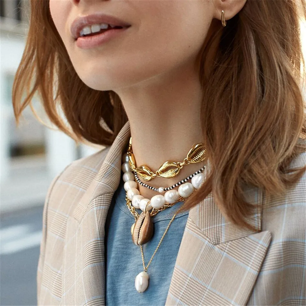 

bls-miracle Fashion Multi-layer Shell Imitation Pearl Necklace For Women Boho Gold Necklaces & Pendants 2019 Vintage Jewelry