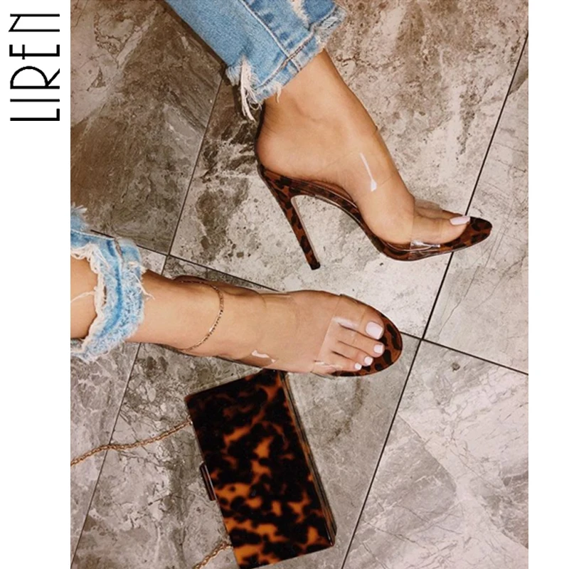 

Liren 2019 Summer PVC Transparent Leopard Ladies Slippers Sexy Party High Heels Women Slippers Gladiator Party Slides Shoes