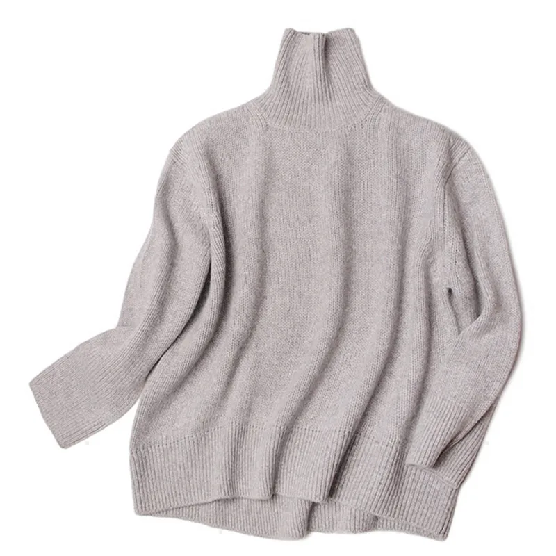  100%goat cashmere add thick knit women fashion irregular hem turtleneck pullover sweater light apri