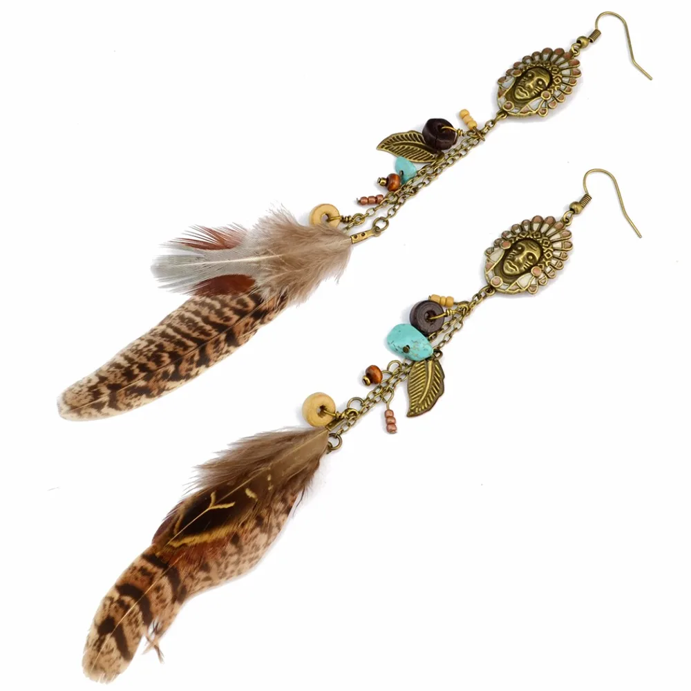 

Indian Bohemian Antique Bronze Natural Stone Bead Hook Earring Metal Leaf Feather Tassel Long Earrings For Women Fashion Jewelry